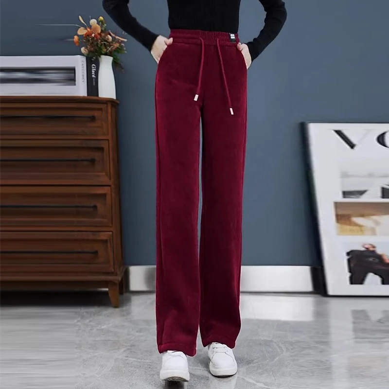 红色阔腿裤子女秋冬2023新款雪尼尔高腰显瘦抽绳灯芯绒加绒直筒裤