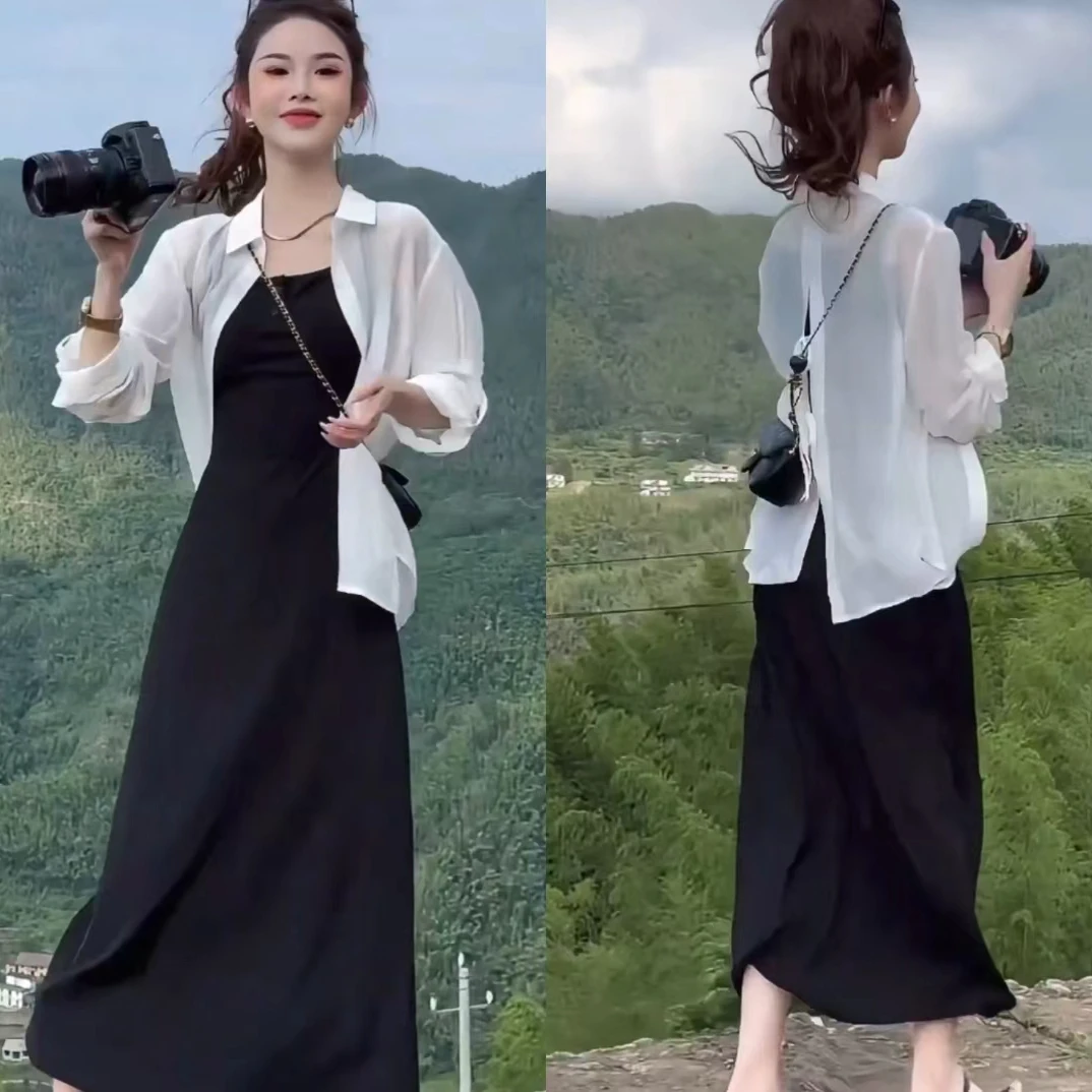 背后开叉洋气防晒衬衫女薄款夏季宽松设计感小众微透雪纺上衣开衫