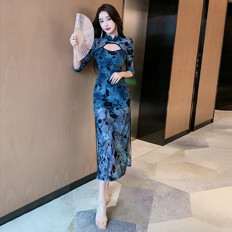 夜总会性感开叉连衣裙技师工作服spa沐足桑拿按摩技师服旗袍长裙