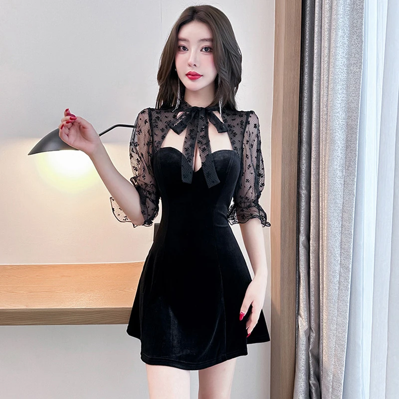 2025秋季新款赫本风女装拼接连衣裙显瘦遮肚子性感短裙纯欲风裙子