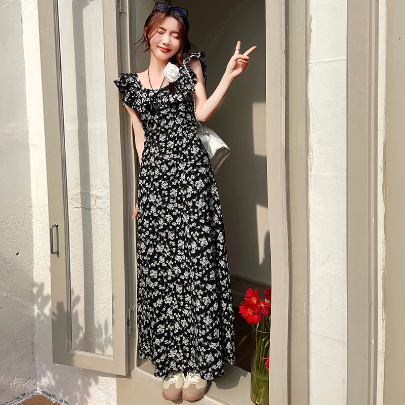 RNBN黑色碎花连衣裙长款荷叶边高级感U领修身显瘦气质垂感长裙