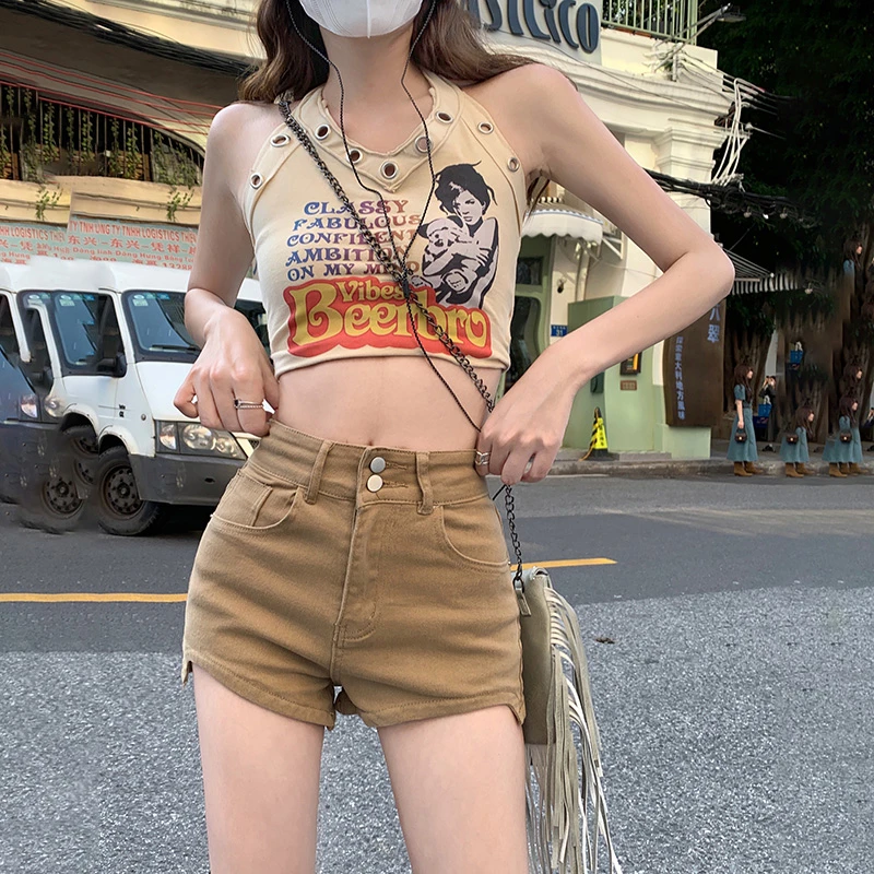 RNBN新款辣妹复古高腰双扣不规则短裤百搭包臀a字弹力牛仔裤女