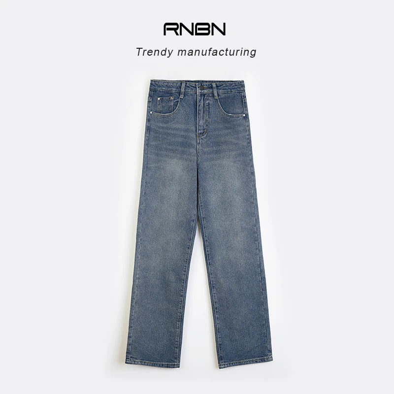 RNBN新款复古蓝水洗高腰直筒牛仔裤时尚百搭简约修身显瘦休闲裤