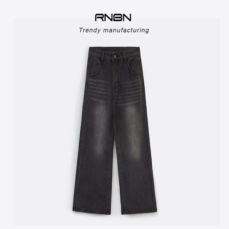 RNBN美式复古牛仔裤女黑灰色高腰宽松直筒垂感阔腿裤拖地长裤