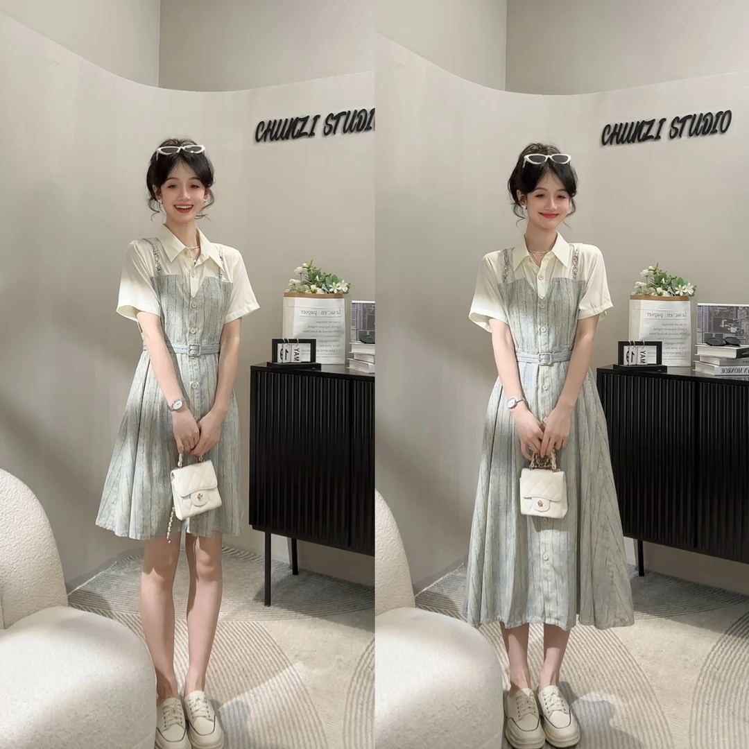 100%莱赛尔天丝假两件晕染连衣裙送腰带【10768C】