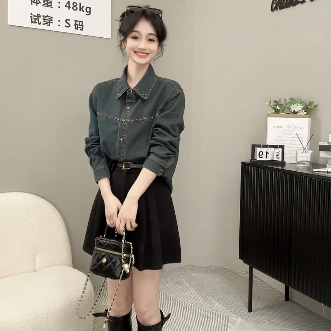 衬衫港风怀旧柳钉牛仔衬衣【9896】现货直发