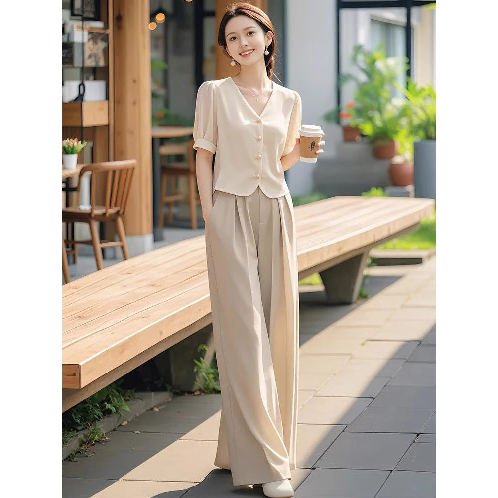 夏季2024年新款干练气质高级感洋气时尚杏色上衣裤子两件套装女装