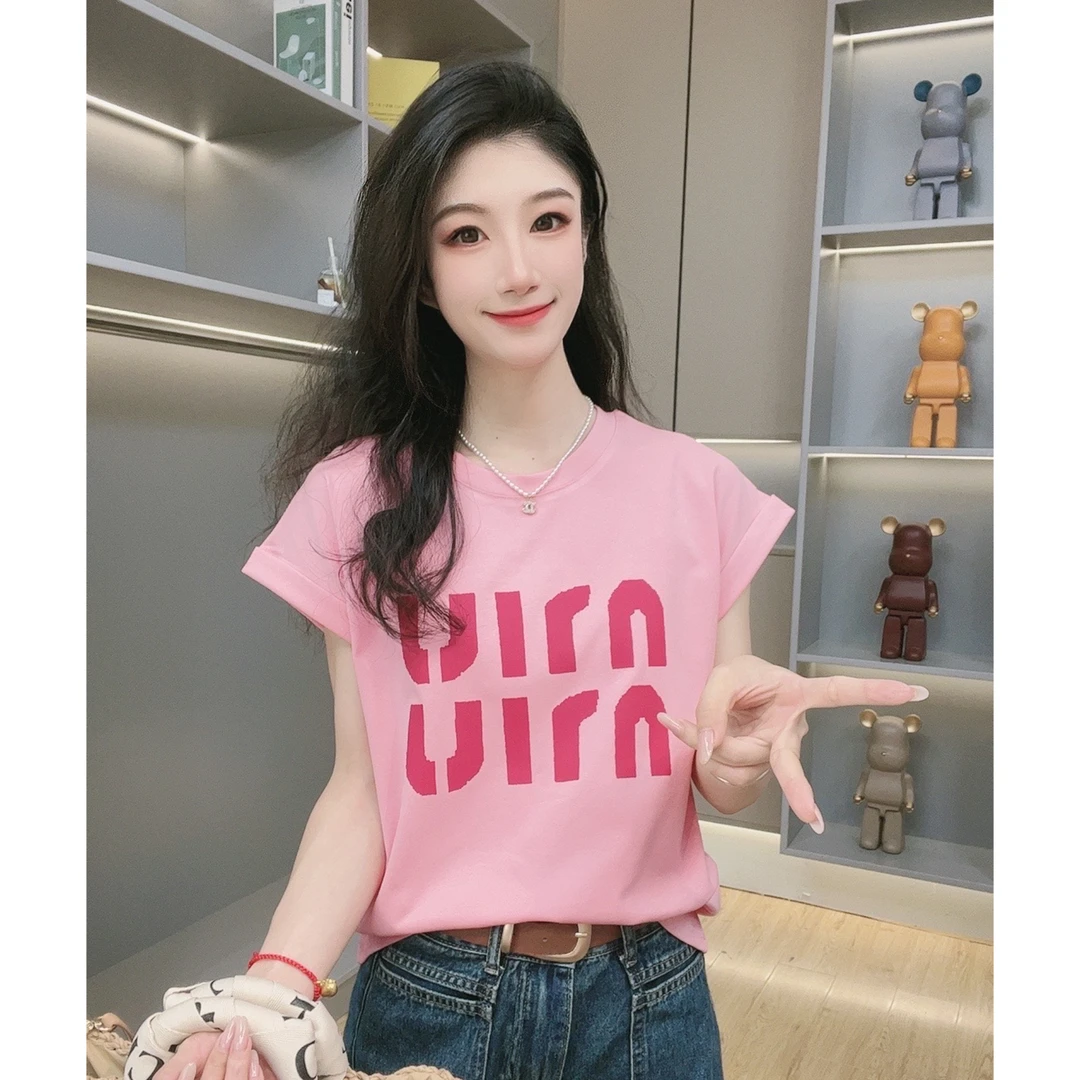 夏季新款遮肉设计感简约印花短袖飞飞袖T恤上衣女装时尚百搭圆领