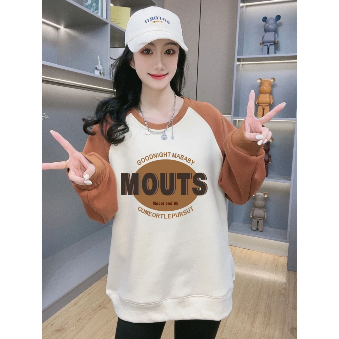 加绒加厚拼色宽松印花长袖撞色套头卫衣女上衣