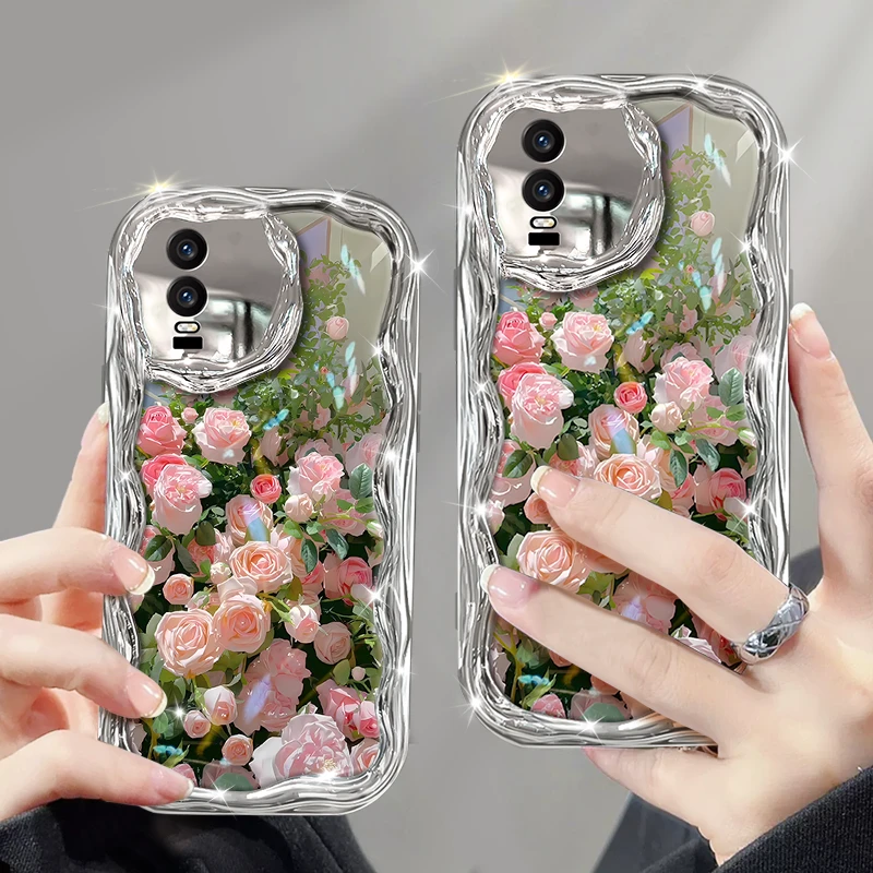 适用vivoy76s手机壳电镀奶油纹玫瑰花丛软壳全包防摔保护套
