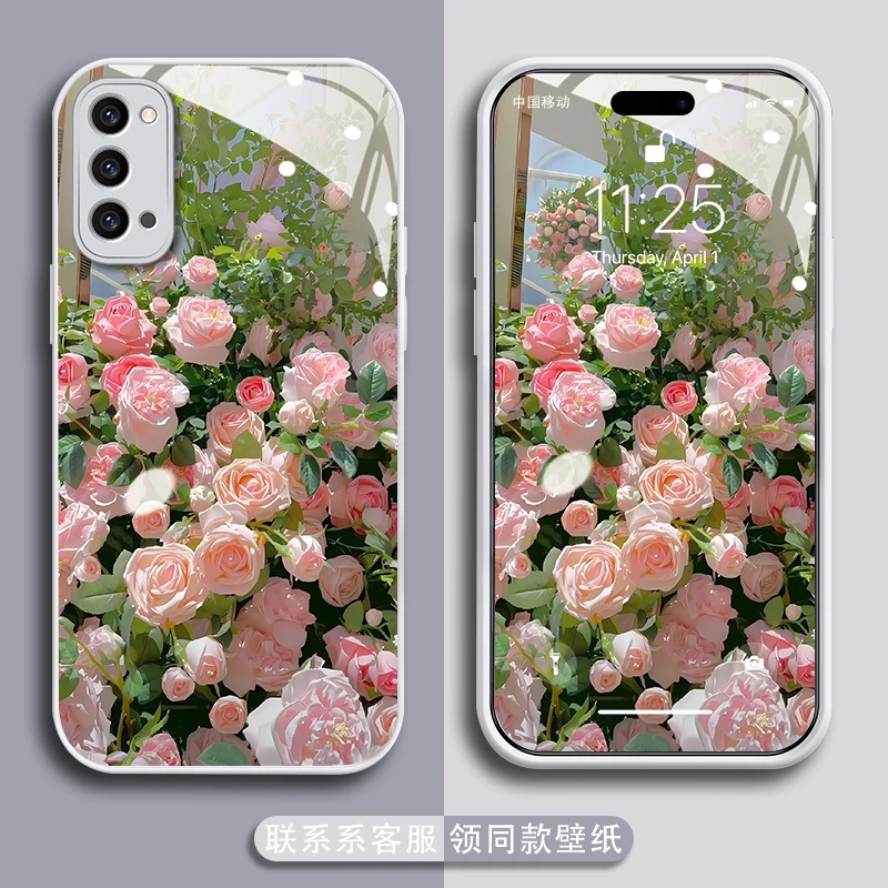 适用opporeno4pro手机壳满屏玫瑰防刮金漆玻璃壳全包防摔保护套