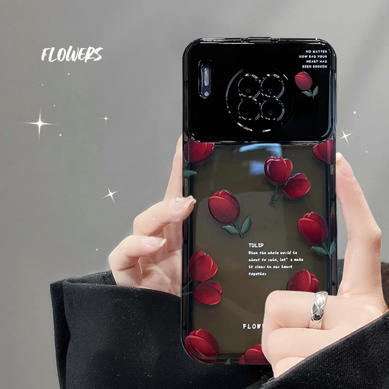 适用华为mate30手机壳玫瑰翻盖镜子硅胶软壳镜头全包防摔保护套