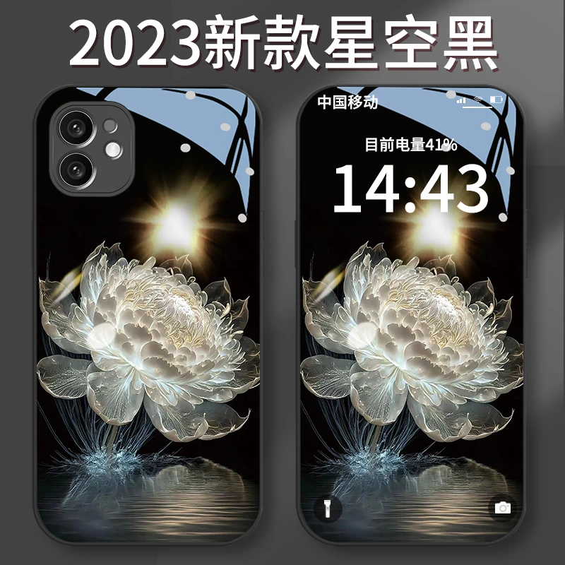 适用苹果11手机壳昙花防刮金漆玻璃壳镜头全包防摔保护套