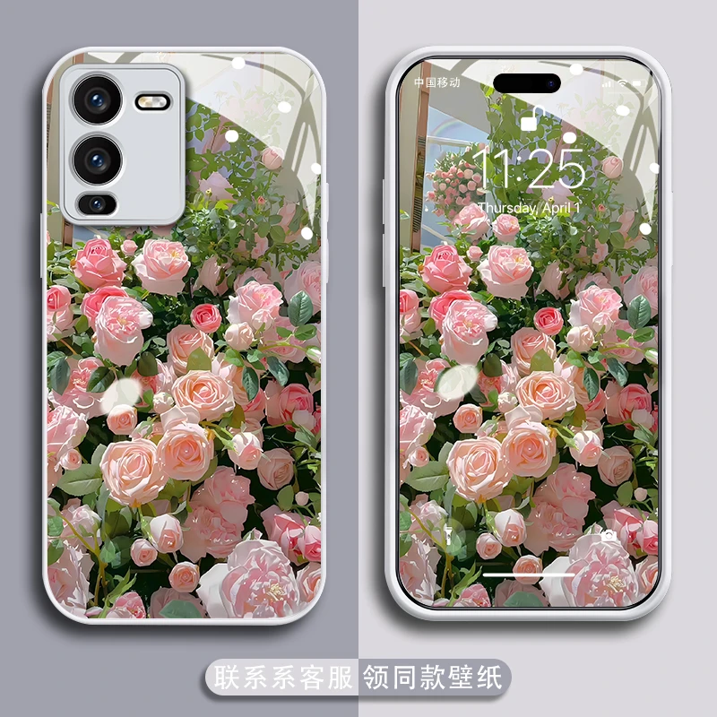 适用vivos15/s15pro手机壳满屏玫瑰防刮金漆玻璃壳全包防摔保护套