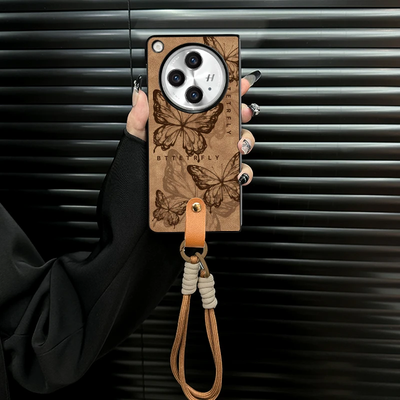 适用oppofindn3手机壳棕色蝴蝶折叠壳全包简约保护套