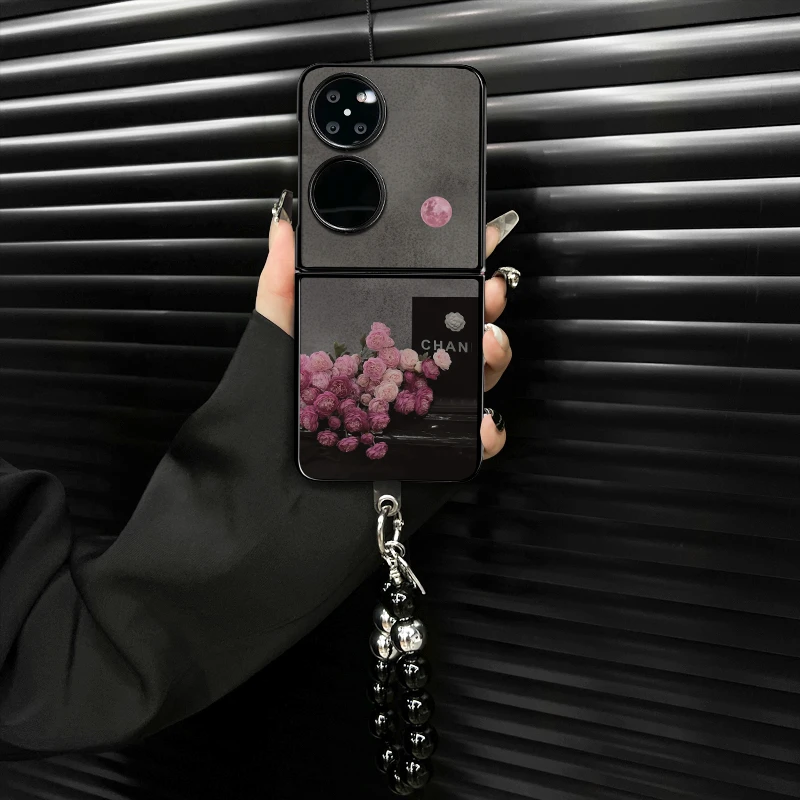 适用华为pocket2新款手机壳粉玫瑰翻毛皮折叠壳全包简约保护套