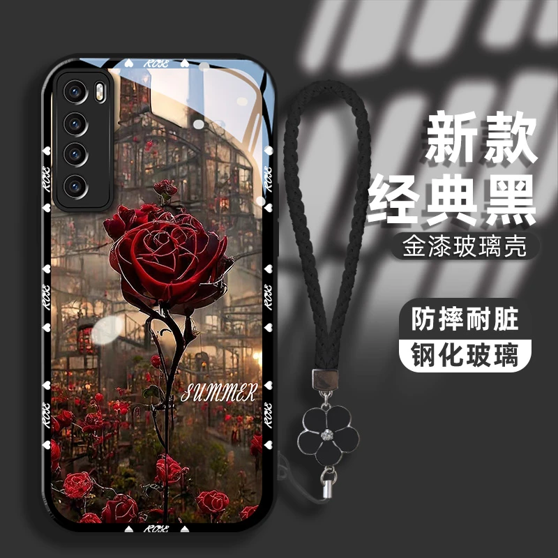 适用华为nova7pro手机壳玫瑰城金漆玻璃壳防刮镜头全包防摔保护套