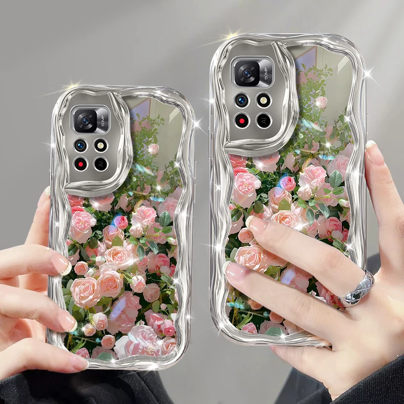 适用红米note11手机壳电镀奶油纹玫瑰花丛全包防摔保护套