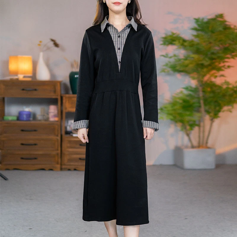 秋季2024新款简约百搭气质妈妈拼接显瘦长袖中长款连衣裙8808