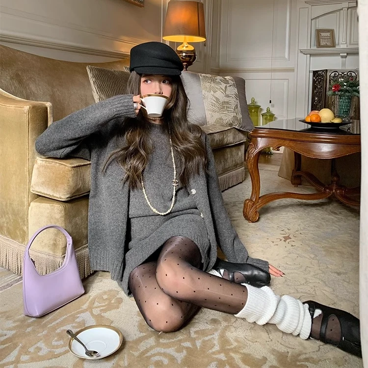 韩系软糯秋冬氛围感穿搭针织开衫围脖四件套短裙毛衣套装短袖上衣