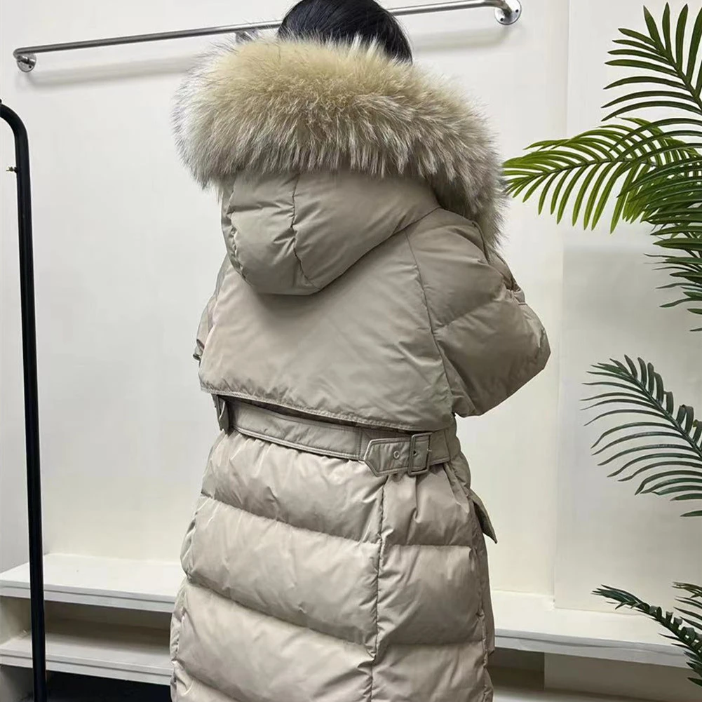 90白鸭绒2025冬季新款羽绒服女大毛领中长款韩版加厚收腰羽绒服