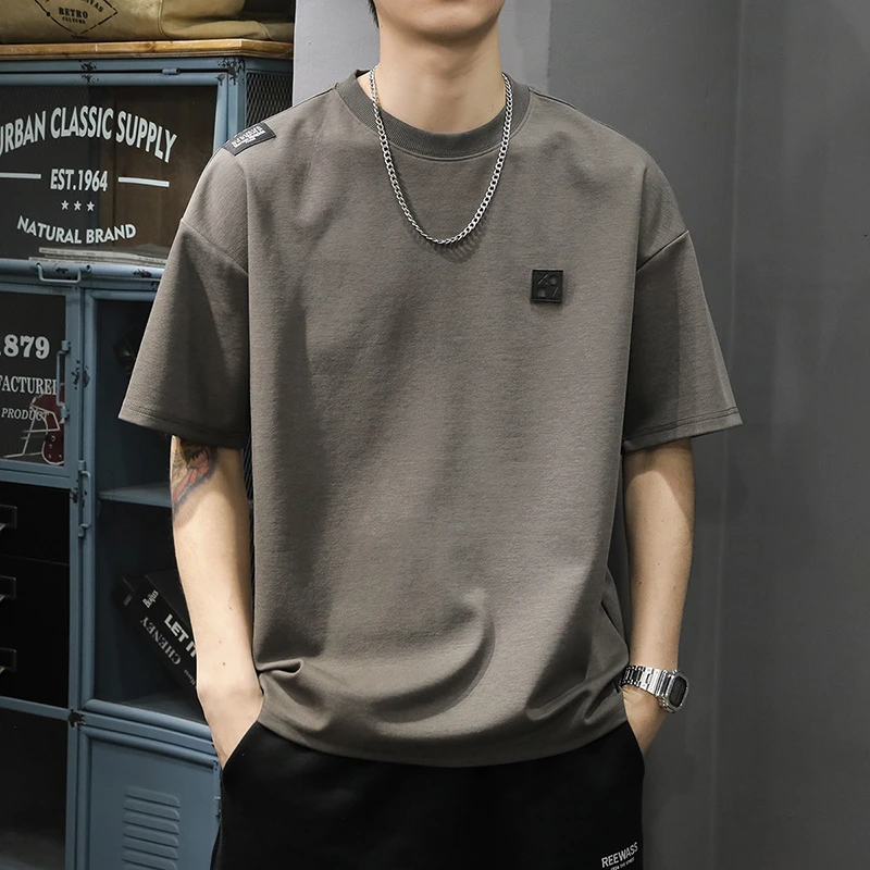 夏季新款天丝凉感短袖t恤男美式复古圆领半袖