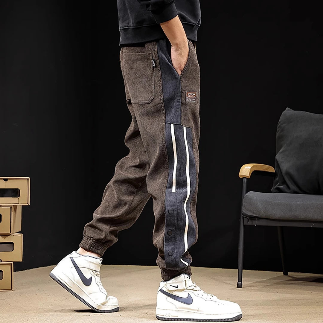 GTRT条纹排扣休闲裤男秋冬美式新款宽松束脚裤大码男士春秋牛仔