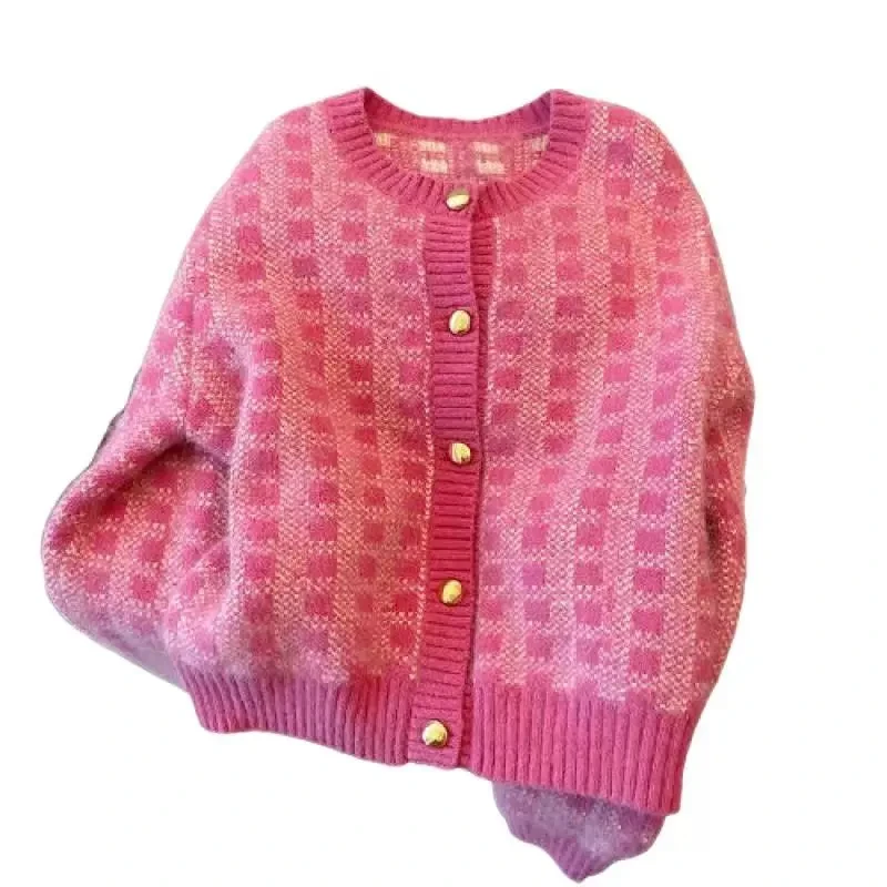 小香风粉色格子软糯毛衣女2025洋气新款韩系温柔红色毛衣开衫女