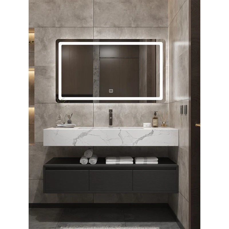 岩板一体洗脸盆柜组合卫生间洗漱台酒店双层洗手盆轻奢智能浴室柜