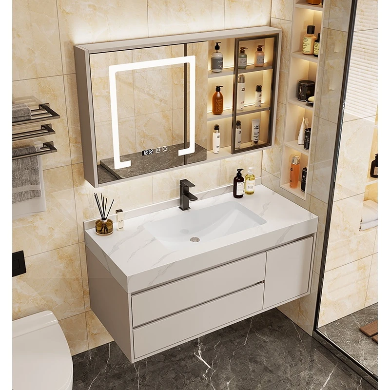 岩板无缝拼接陶瓷一体盆新款浴室柜组合卫生间洗手台洗漱台洗脸池