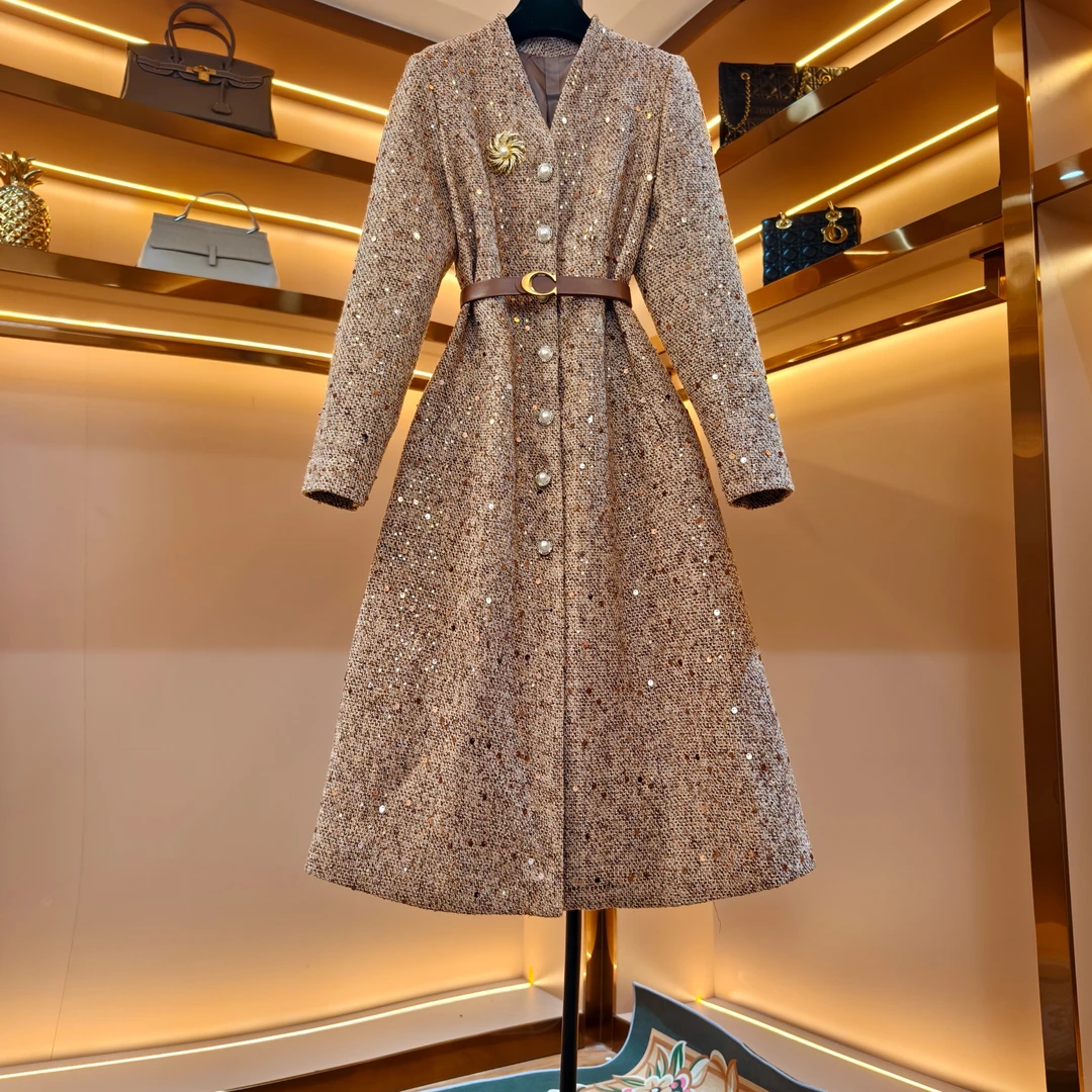 【棕金流影】[晖晖]轻奢设计师优雅气质修身时尚收腰连衣裙-85819