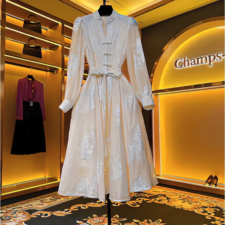 【玉芙花影】{晖晖}新款法式设计感刺绣收腰显廋连衣裙-83156