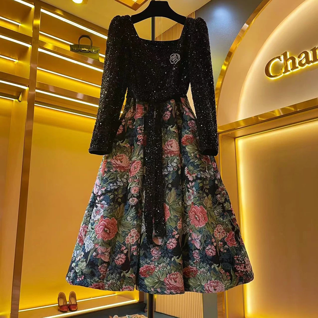 【莫奈花园】{菜菜}法式名媛轻奢小礼服复古绣花长袖气质长裙-82912