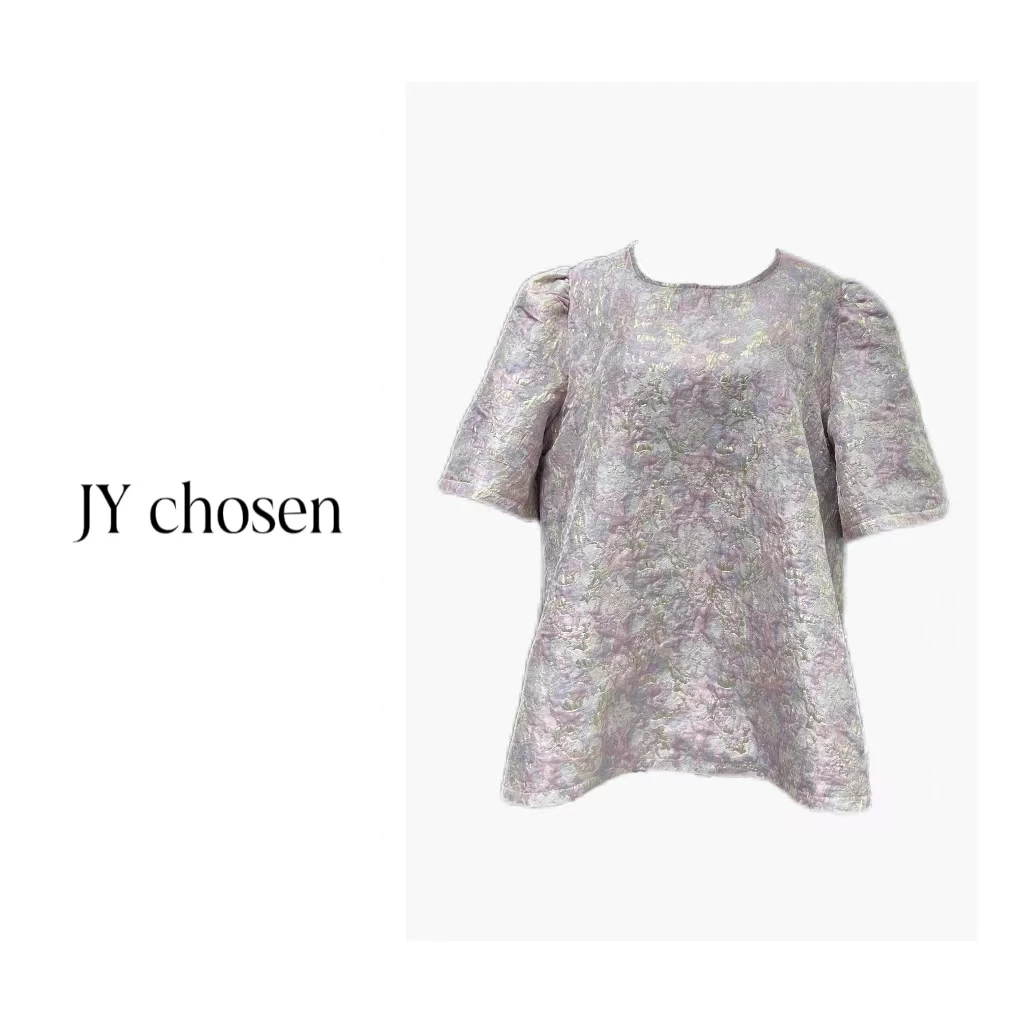 JYchosen“胭脂水粉”提花工艺新款泡泡袖复古韩式上衣百搭圆领