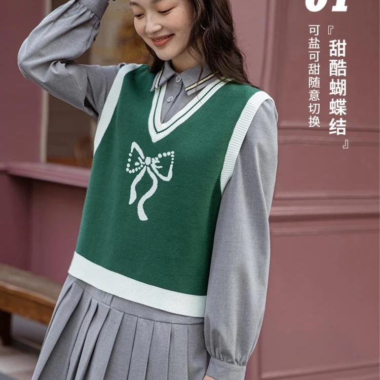 茵曼针织马甲女新款V领撞色减龄宽松气质上衣设计感F18213790套装