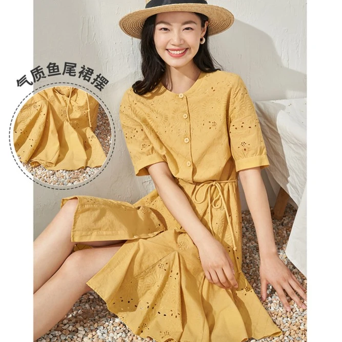 【商场同款】茵曼镂空绣提花连衣裙女高鱼尾腰纯棉伞裙子18225790