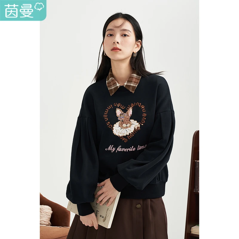 【红人专属】茵曼趣味宽松休闲套头刺绣印花圆领落肩卫衣1814039