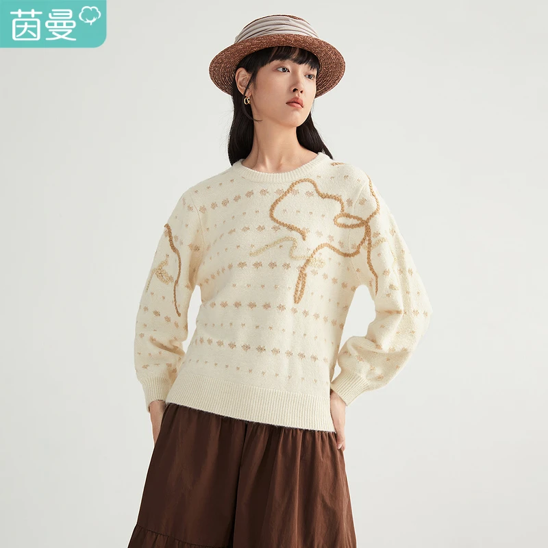 【红人专属】茵曼冬日圆领撞色提花宽松套头毛衣1813264时尚休闲