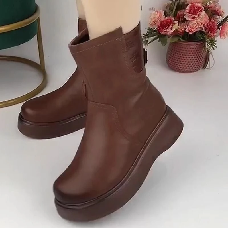 厚底棉靴冬季加绒加厚妈妈棉鞋皮毛一体雪地靴女防滑防水短靴