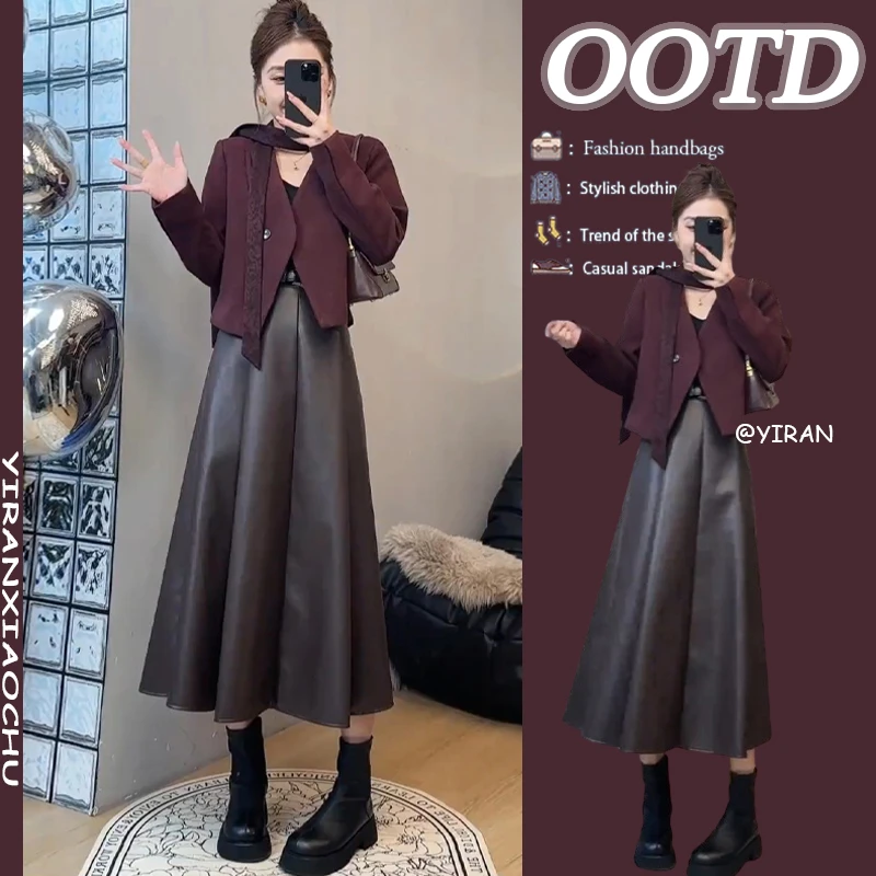 减龄一整套穿搭2025新款安可拉红西装外套百搭高腰半身裙两件套潮