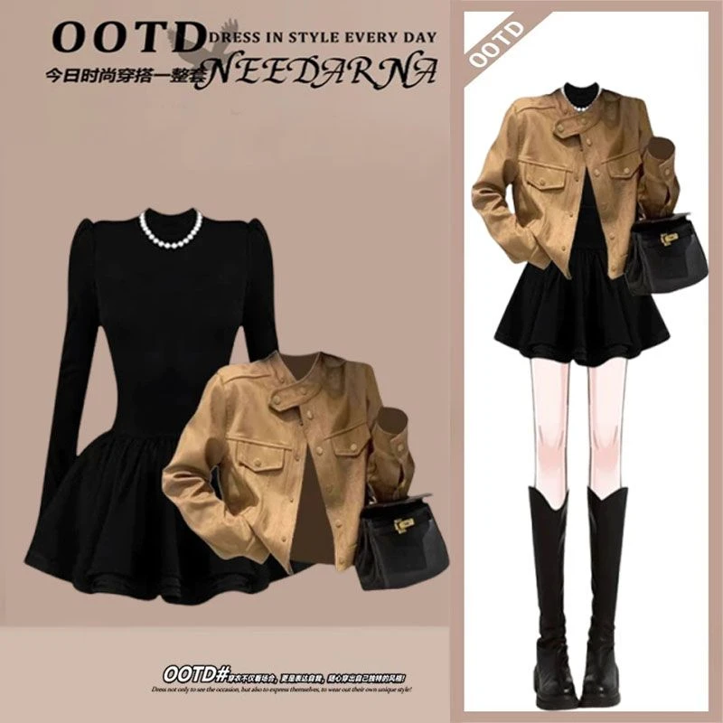 秋季韩系穿搭一整套女2024新款气质开衫外套显瘦连衣裙两件套装