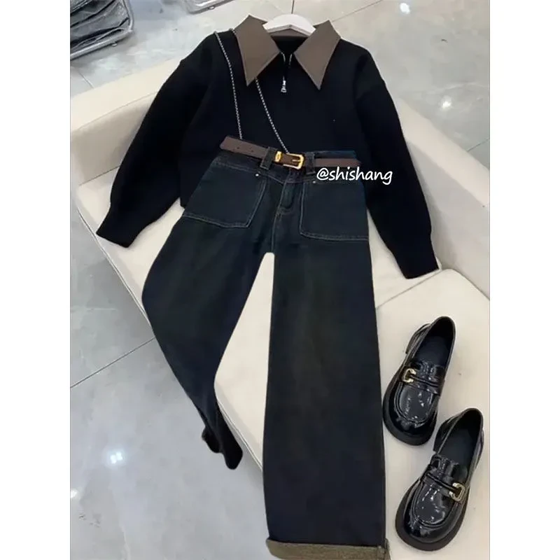 秋冬季穿搭一整套2025新款韩式高档气质外套修身百搭牛仔裤两件套