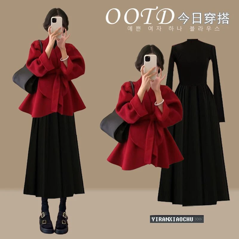 2025春季款安可拉红一整套女宽松气质开衫绑带外套连衣裙两件套