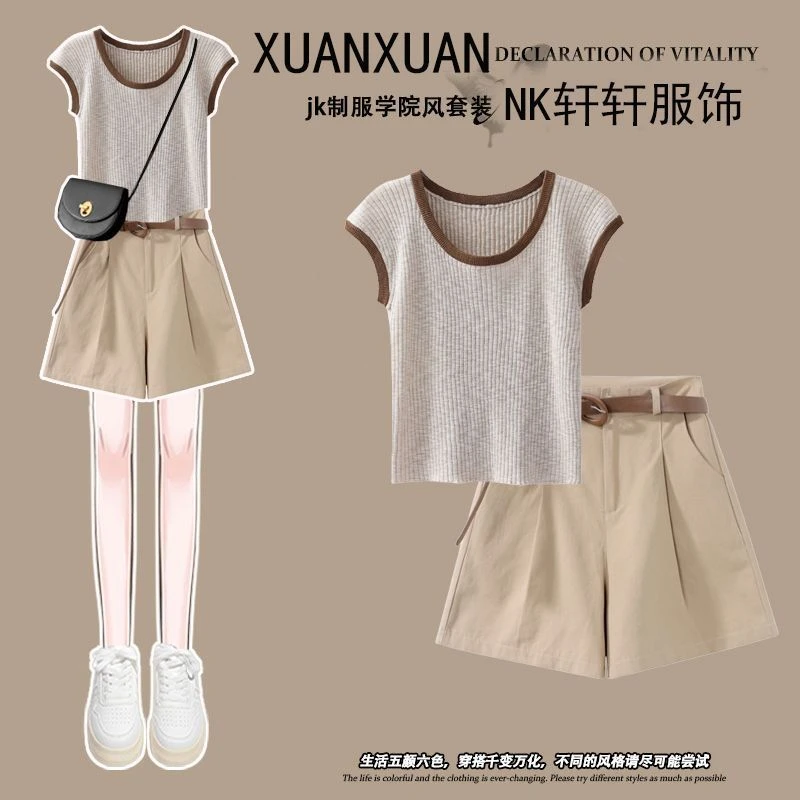 夏季穿搭一整套女2025新款韩遮肉显瘦简约短袖高腰短裤时尚两件套