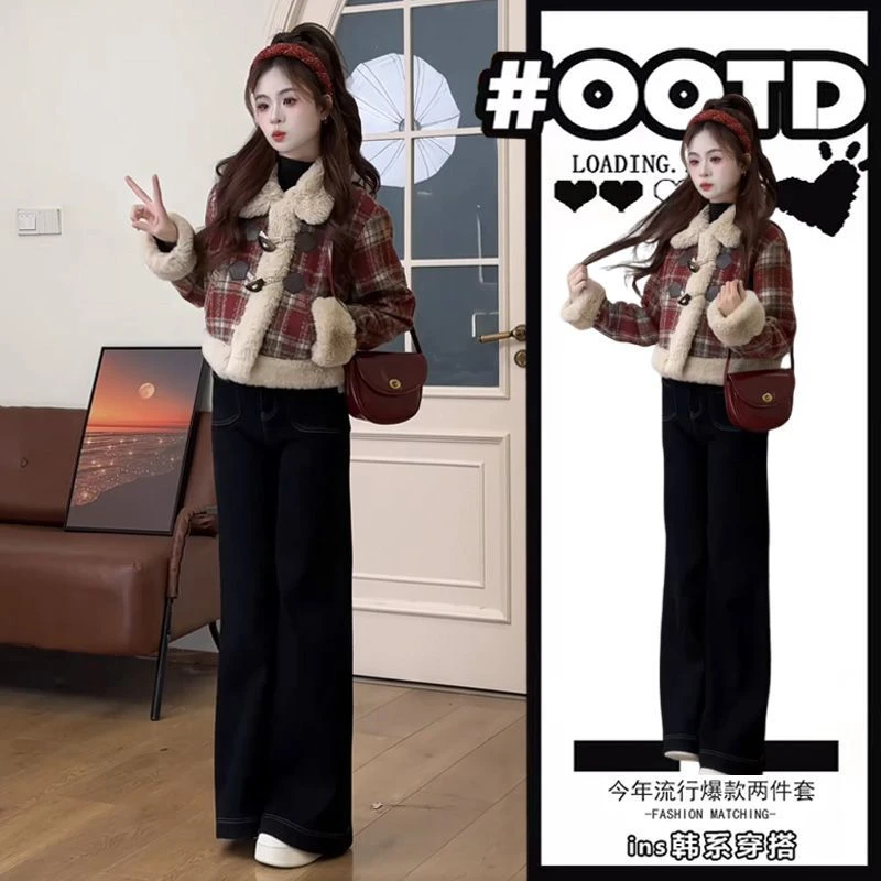 秋冬穿搭一整套女2025新款韩系复古小香风外套高腰牛仔裤两件套装