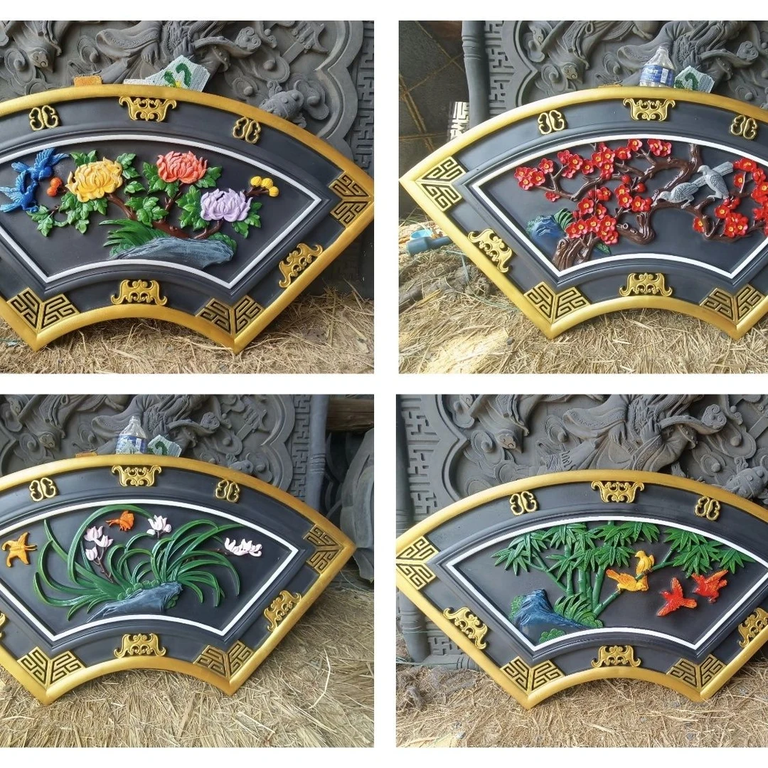 古建砖雕扇形梅兰竹菊荷花牡丹卷轴彩绘中式围墙浮雕挂件1200