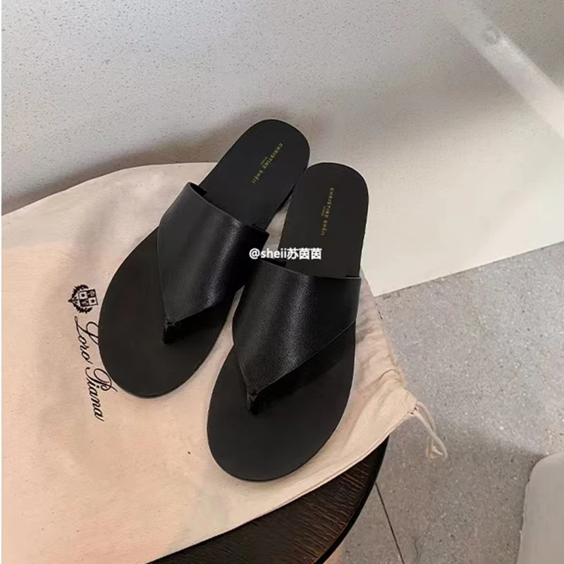 万达撤柜苏茵茵同款时髦尽头真皮平跟拖鞋三角夹趾高级感平底凉鞋