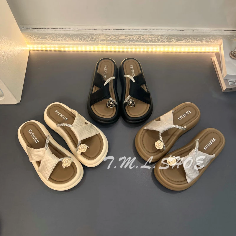 【淘蜜琳】仙女风凉拖鞋女外穿2024夏季新款网红厚底百搭水钻一字拖