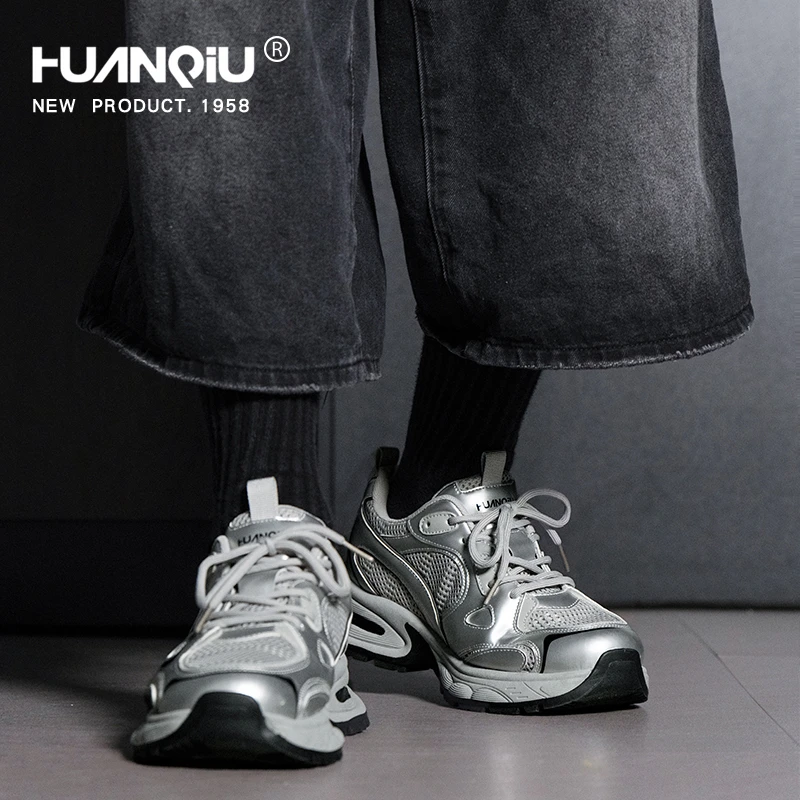 环球银色网面老爹鞋男2025新款百搭厚底男鞋防滑运动时尚休闲鞋子