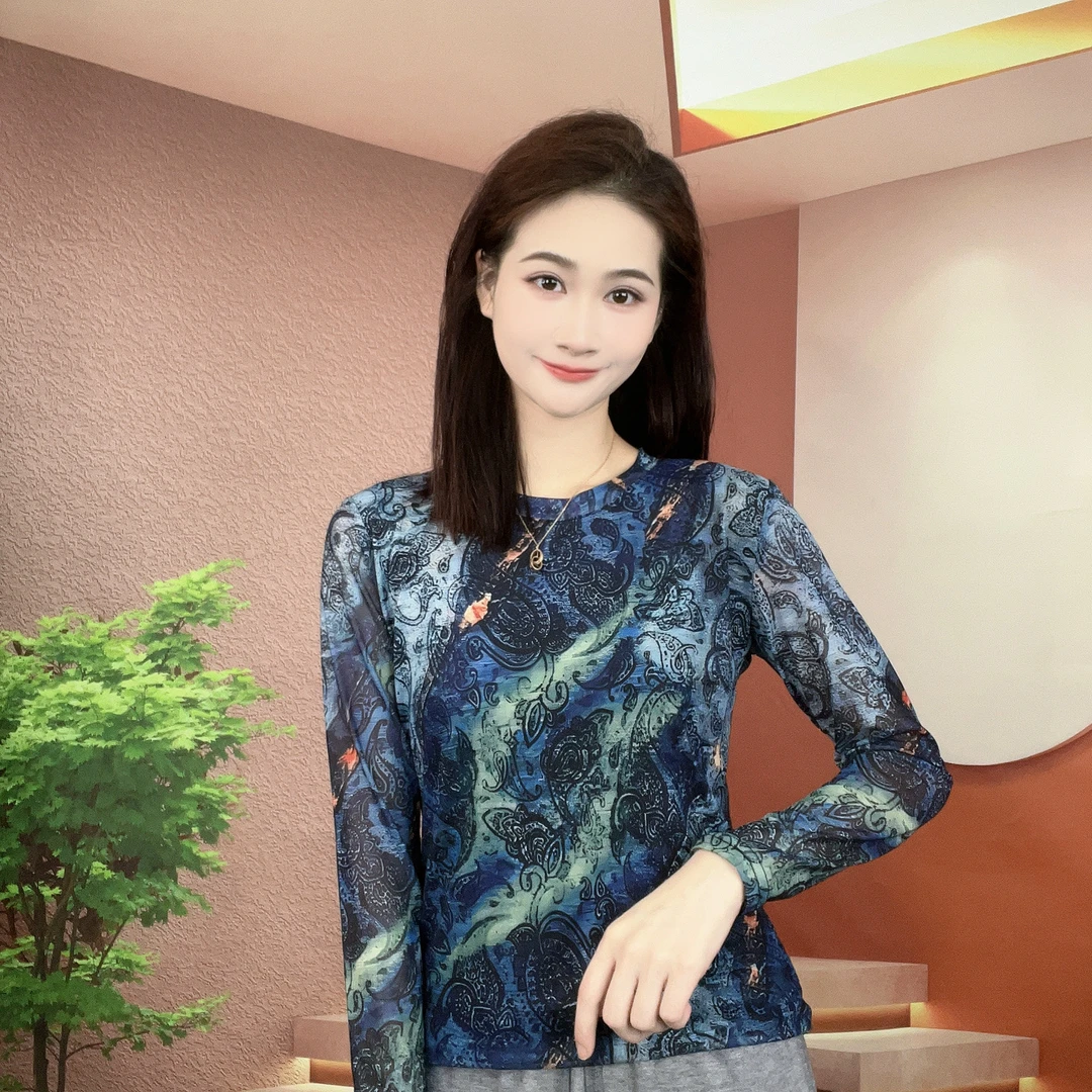 2025秋季新款长袖圆领肌肤纱时尚显瘦印花T恤上衣A236